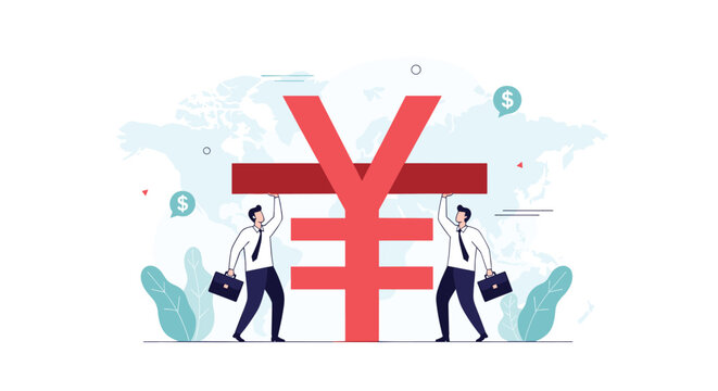 Professional businessmen working together to hold up a large red yen currency symbol against a world map background.