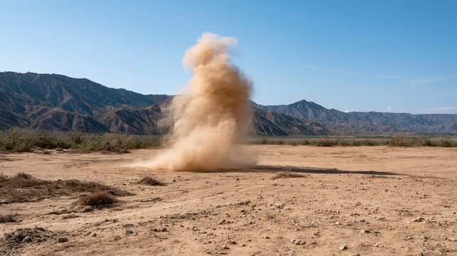 Large spinning dust devil forming in a dry arid desert landscape under a clear sky with mountains in the background.