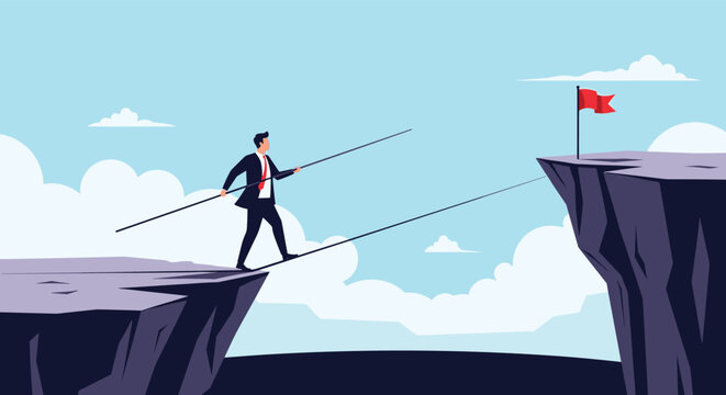 Courageous businessman walking on a tightrope across a dangerous cliff gap to reach a red flag on the other side.