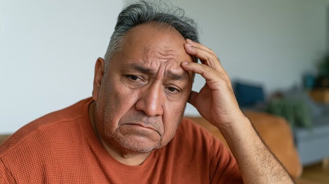 Senior Hispanic man sitting at home touching his forehead while suffering from a painful headache or migraine in a living room.