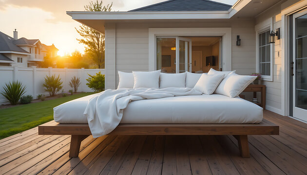 Outdoor daybed on a wooden deck, with white bedding and pillows, in front of a house at sunset