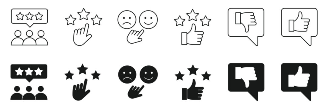 Customer feedback icon set, rating stars with hand, thumb up and down symbols, happy and sad faces, consumer review, satisfaction survey icons.