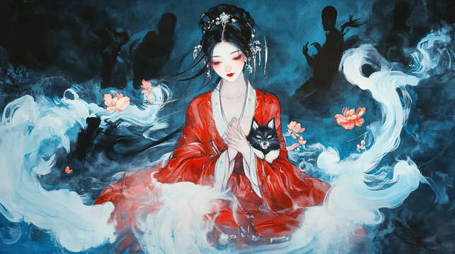 Oil painting style Chinese art ink and color blend queen black hair red lips red scarf sitting cross legged surrounded by black silhouettes holding fox dog and flowers dancing like smoke dark blue bac