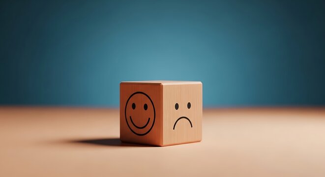 Wooden block with drawn happy and sad face symbols on wooden surface