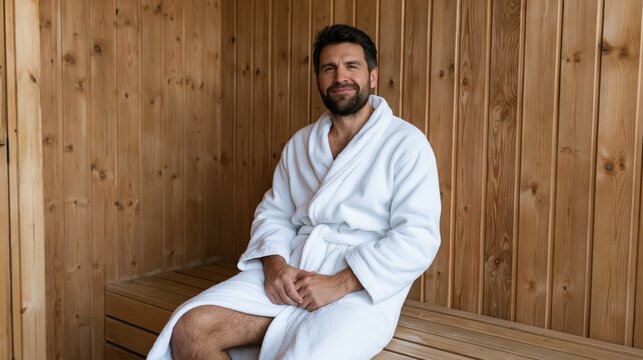 Contented male resting on a timber bench in a spa bathrobe during a warming sauna treatment for detoxification and relief.