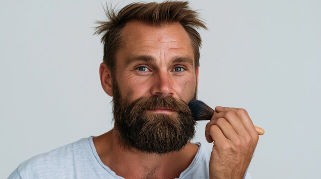 Handsome bearded man applying face bronzer with a professional makeup brush to enhance his skin tone.