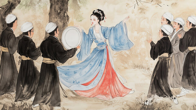 Chinese beauty in blue red gown holding white porcelain plate dancing to music surrounded by men black robes white turbans colorful ink wash lively traditional exquisite costumes vivid details dynamic