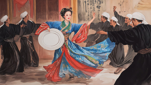 Colorful ink wash Chinese woman blue red dress large white plate dancing men black robes white turbans lively traditional exquisite costumes vivid colors dynamic free cheerful joyful mood