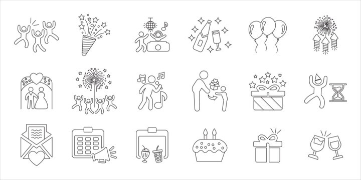 celebrate icon set bundle. party, birthday, event, celebration, confetti, festival, happy, fun and more. simple flat line vector