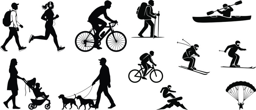 Black silhouette collection of people doing outdoor sports and leisure activities