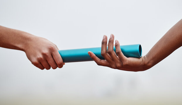 Running, baton and hands of people in relay race for competition, track event and challenge. Sports, runner and athletes with equipment for training, exercise and teamwork practice for marathon