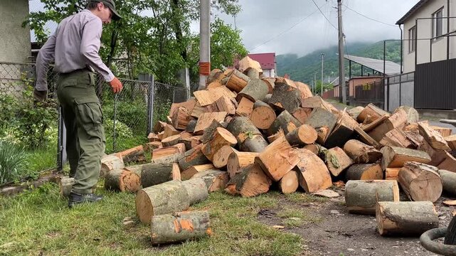 young man carrying delivered firewood into house yard