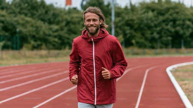 Smiling male jogger exercising on a professional stadium circuit during a sunny day in a natural forest setting.