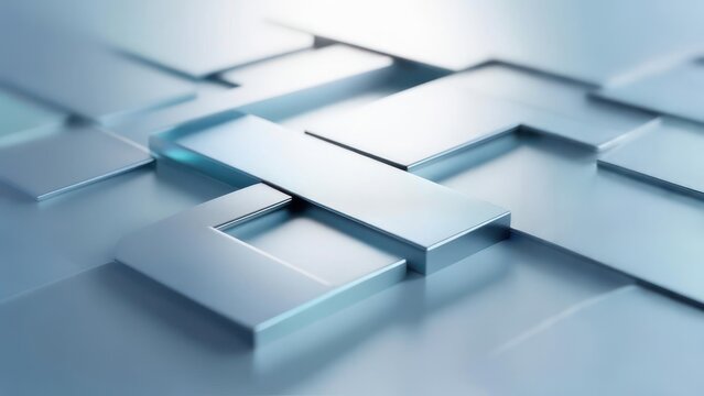 Abstract composition of overlapping, cool-toned, metallic rectangles and squares