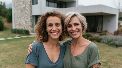 Fototapeta premium Happy diverse female partners embracing while posing outdoors in the garden of a contemporary architecture building.