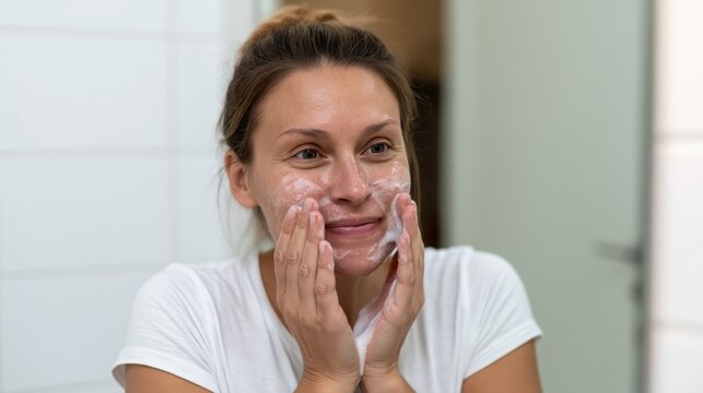 Beautiful female applying soap lather on her cheeks while looking in a modern white bathroom mirror during self care.