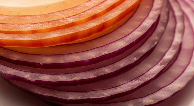 Macro view of translucent sliced onion layers stacked together, showcasing rich amber, burnt orange, and deep red tones with natural textures, concentric, structure, fibrous