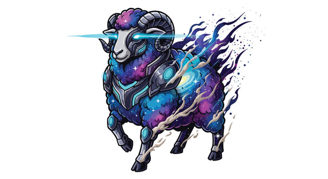 Majestic space ram mascot illustration, featuring a galactic wool pattern, futuristic armor, and glowing blue laser eyes amidst cosmic energy.