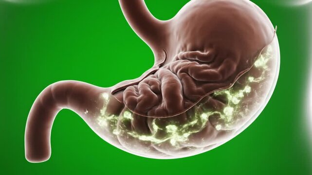 The human stomach with internal digestive system and green glowing acid 3D rendered