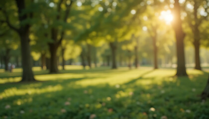 Obraz premium Sunlit park scene with trees and grass, warm light filtering through leaves sunlight