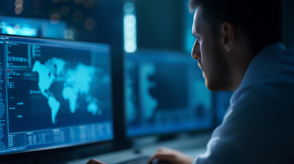 Naklejka premium Faceless cybersecurity expert analyzing global cyber threats displayed on a world map screen. Defocused background. Global cyber threats, world map screen, cybersecurity analysis,