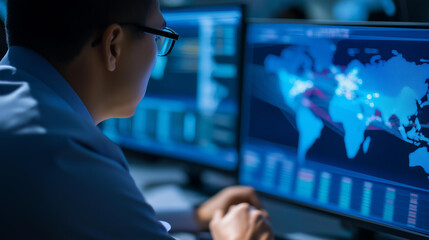 Fototapeta premium Faceless cybersecurity expert analyzing global cyber threats displayed on a world map screen. Defocused background. Global cyber threats, world map screen, cybersecurity analysis,