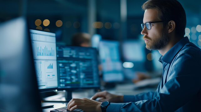Faceless man working as an operator specialist in a computer data center in front of multiple monitors displaying charts and data. Defocused background. Data center operator,