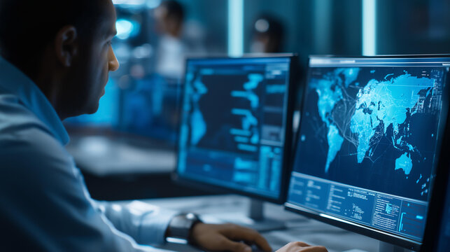 Faceless cybersecurity expert analyzing global cyber threats displayed on a world map screen. Defocused background. Global cyber threats, world map screen, cybersecurity analysis,