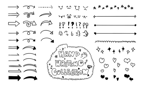 Hand drawn arrows hearts and stars doodle set, black ink pen and pencil sketch ornaments, vector decorative elements bundle.手書きの矢印・ハート・星のあしらいセット、黒のペン画と鉛筆スケッチの詰め合わせ、ベクター装飾素材