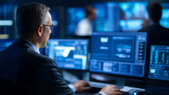 Faceless cybersecurity expert analyzing network security alerts on multiple screens in a dark monitoring environment. Defocused background. Security alerts analysis, network