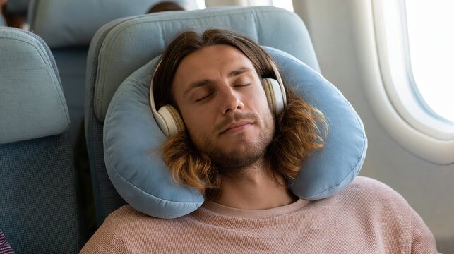 Young man sleeping peacefully while wearing a comfortable neck pillow and noise-canceling headphones on a passenger airplane.