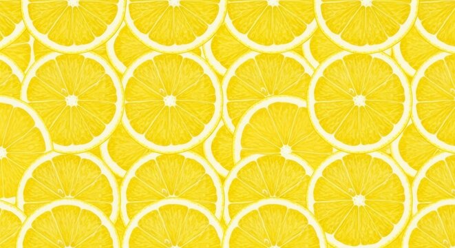 A vibrant repeating pattern of fresh yellow lemon slices arranged in a seamless tile, showcasing juicy textures and bright citrus details, rind, cooking, tile