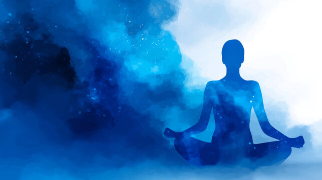 Blue color chakra human lotus pose yoga in an abstract universe watercolor painting illustration with a hand-drawn style design. Blue chakra watercolor, lotus abstract, universe
