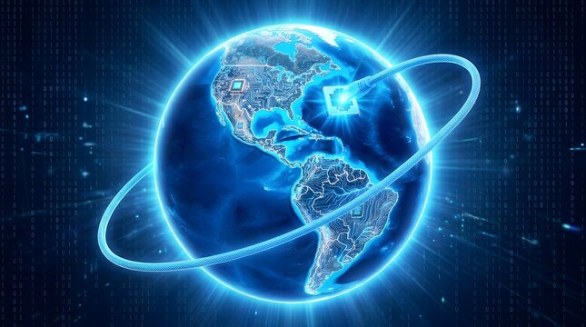 Glowing blue digital earth globe with global network connections showing worldwide technology internet communication data exchange international business cyber world
