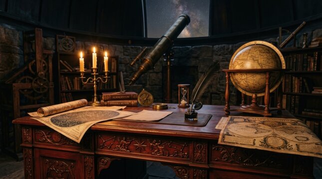Dark cherry wood desk with intricate carvings in a vintage observatory featuring a brass telescope, antique globe, star charts, candelabra, and old books under a starry night sky.