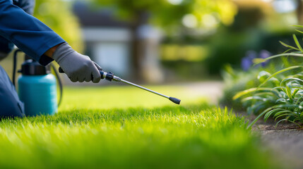 Fototapeta premium Faceless professional pest control expert treating a vibrant lawn for effective pest management solutions in a residential or commercial setting. Defocused lawn background. Pest