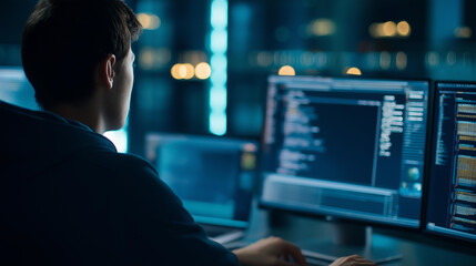 Fototapeta premium Faceless young man working at a desk surrounded by multiple monitors displaying complex data, code, and graphical interfaces for cybersecurity and programming in a dark neon-lit