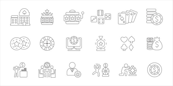 casino icon set bundle. casino, game, gambling, bamble, luck, bet, win, poker, vegas, jackpot and more. simple flat line vector