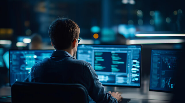 Faceless young man working at a desk surrounded by multiple monitors displaying complex data, code, and graphical interfaces for cybersecurity and programming in a dark neon-lit