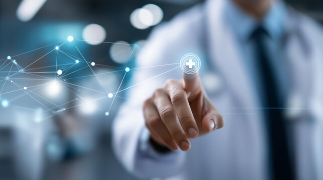Faceless doctor's hands touching a healthcare network connection for medical systems enabling patient care, digital records, treatment monitoring, and health services innovation.