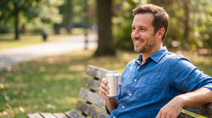 Fototapeta premium Man sitting on park bench holding soda can, wearing blue shirt, enjoying sunny day with trees in background and warm, relaxed atmosphere