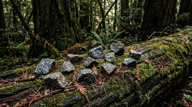 Collection of rough unpolished dark grey granite stones placed on a mossy fallen tree trunk in a dense temperate forest with redwood trees, ferns, and scattered pine needles.