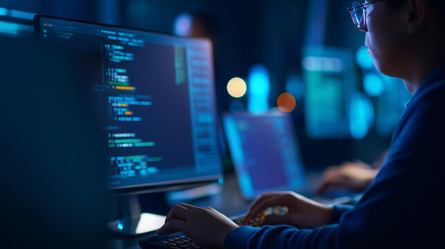 Faceless innovative developer immersed in the digital world crafting lines of code while surrounded by futuristic technology in a dark environment. Defocused background. Developer