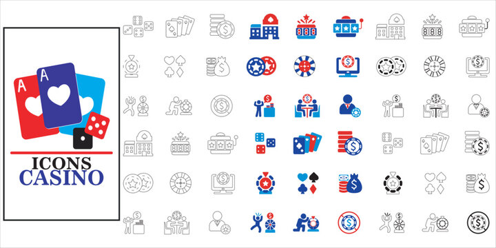 casino icon set bundle. casino, game, gambling, bamble, luck, bet, win, poker, vegas, jackpot and more. simple flat complete vector