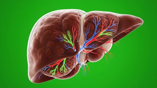 The human liver displays its intricate network of blood vessels and bile ducts in a detailed anatomical illustration.