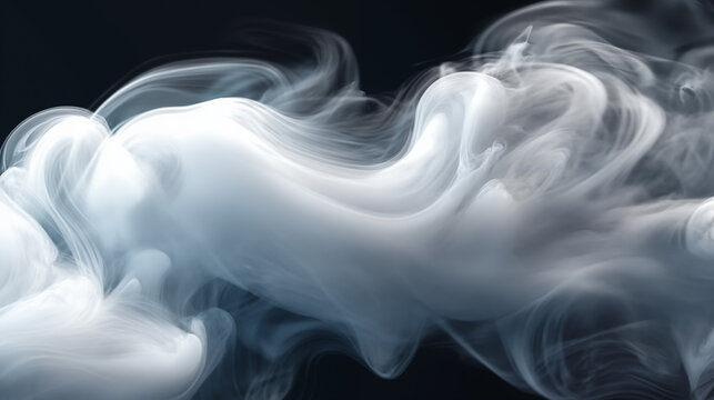 A close-up of swirling white smoke against a black background, capturing the fluidity and movement associated the soft lighting accentuates the delicate textures in each swirl.