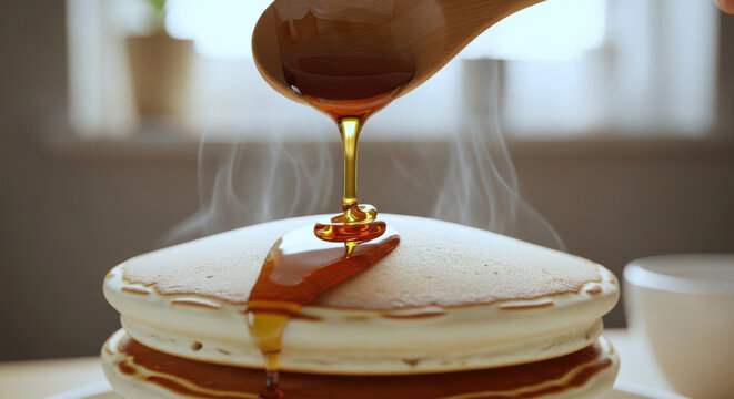 Syrup being poured on a stack of pancakes