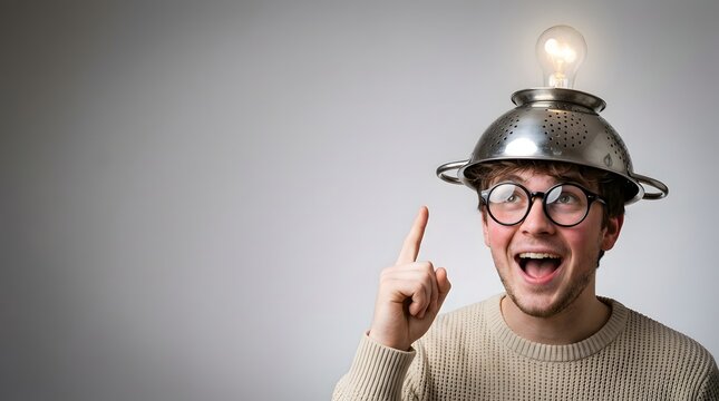 Funny crazy nerdy man wearing metal pot helmet with light bulb on head pointing finger up showing creative idea innovation invention thinking moment humor expression
