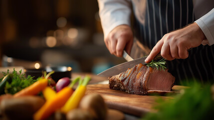 Obraz premium Close-up of faceless professional chef's hands slicing a large premium beef rib roast on a wooden board surrounded by fresh vegetables and herbs highlighting craftsmanship and