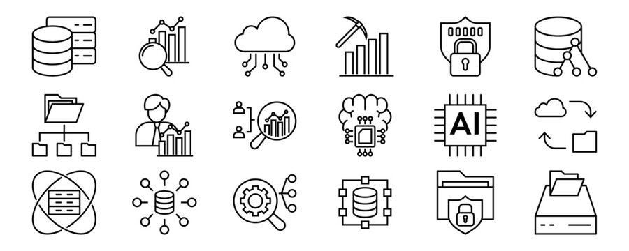 Data Driven icon set. Containing algorithm, big data, analysis, analytics, data mining, machine learning, ai, visualization, database, predictive, and more. Vector Illustration